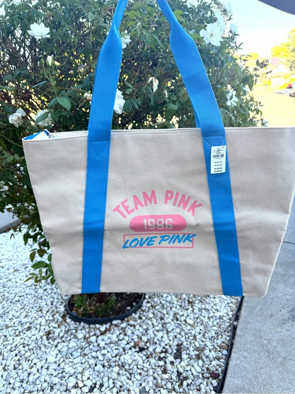 PINK Victoria's Secret Team Pink Canvas Tote in Natural, Pink & Blue
